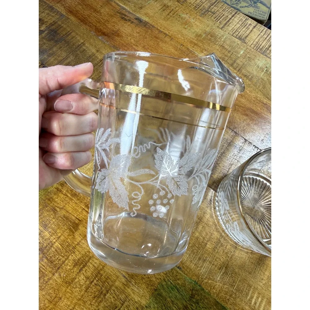 Vintage MCM Glass Pitcher and Ice Bucket Set Gold Rim Frosted Grape Vine White